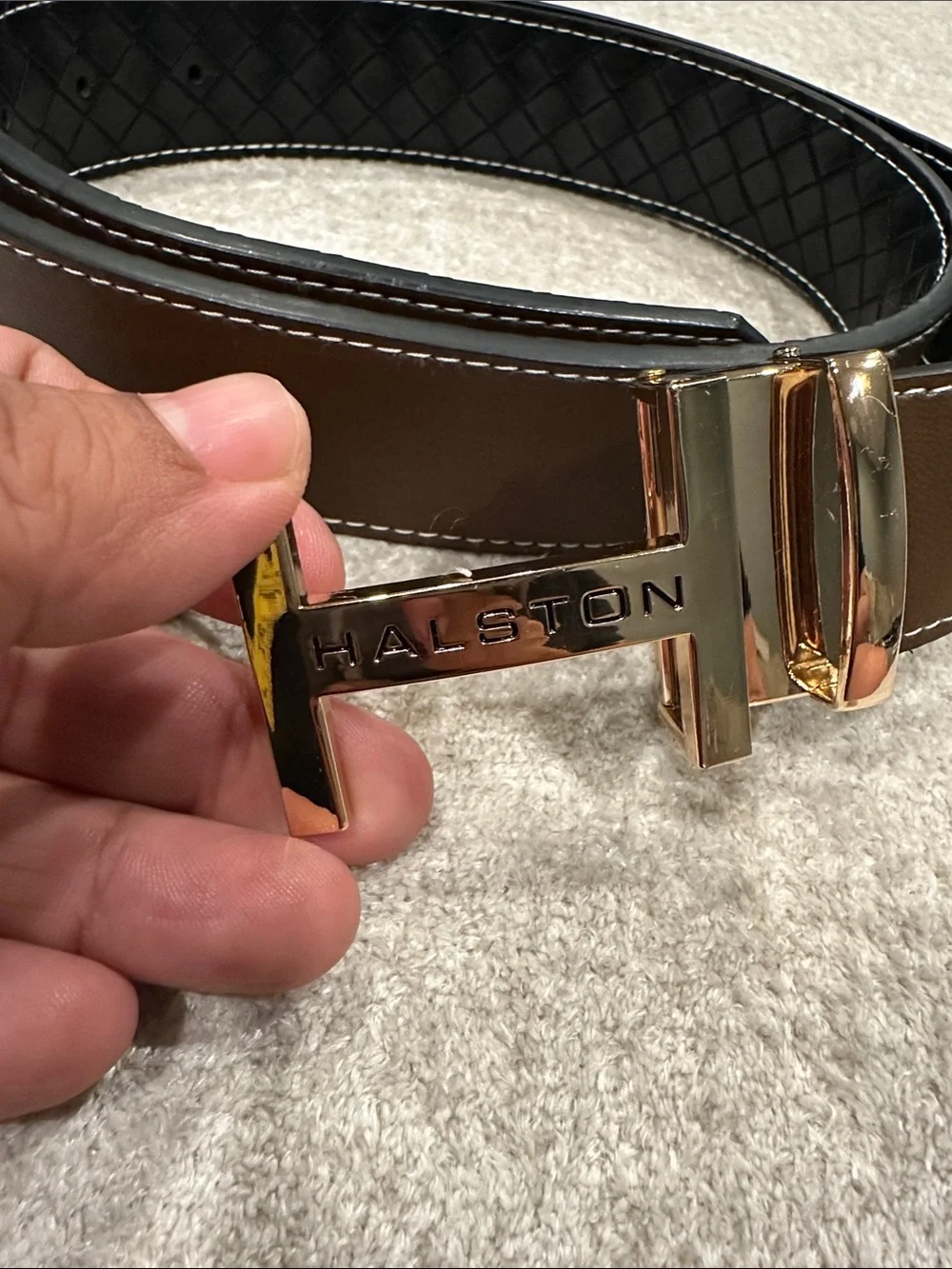 Halston Heritage Black and Brown Reversible Leather Belt with Gold Logo Buckle